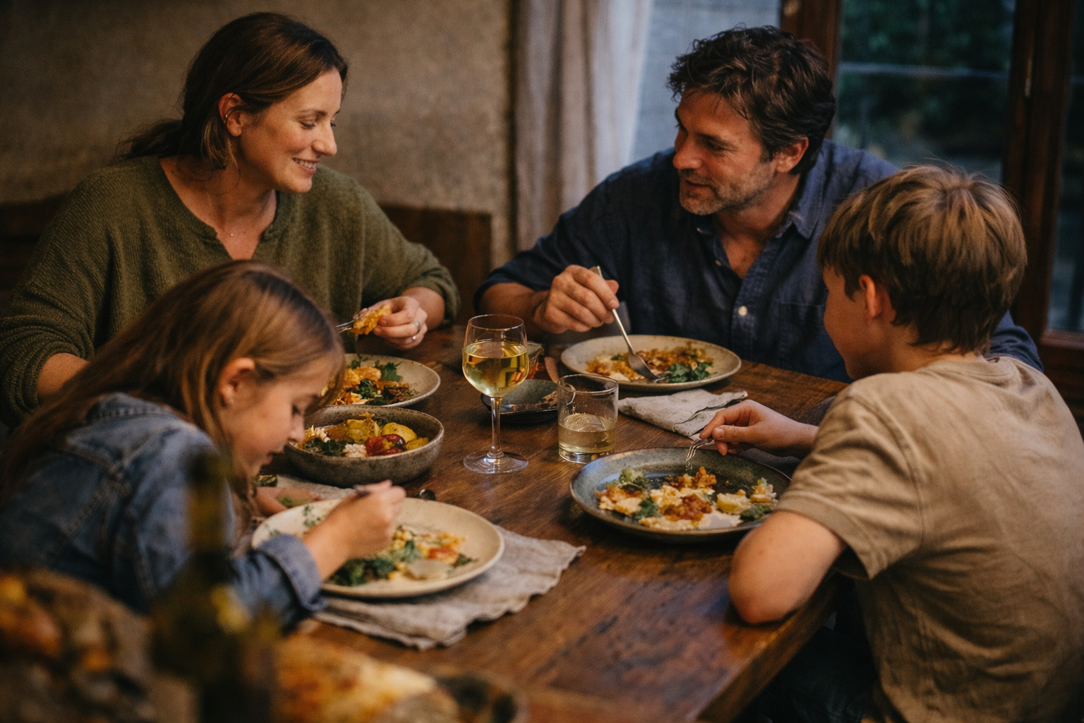A family eating dinner around a wooden table